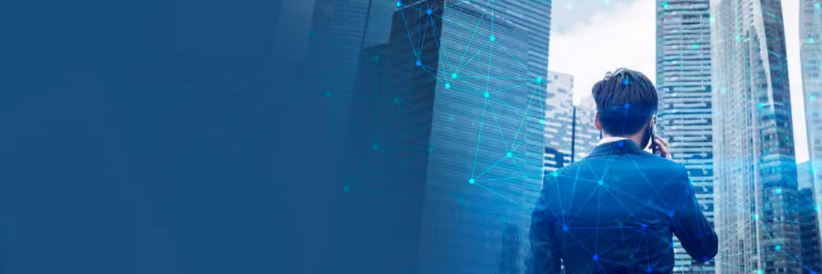 Business leader in a connected city environment with digital network visualization